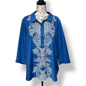 Chico’s Blue White Paisley No Iron Stretch 3/4 Sleeve Tunic Top Seaport 3 Sz XL